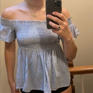Blue and white striped off the shoulder shirt